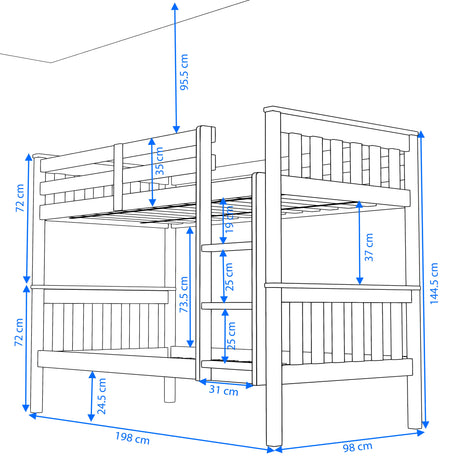 single double decker bed dimensions: Length 198cm, Height 144.5cm, width 98cm, and 73.5cm gap between bunks