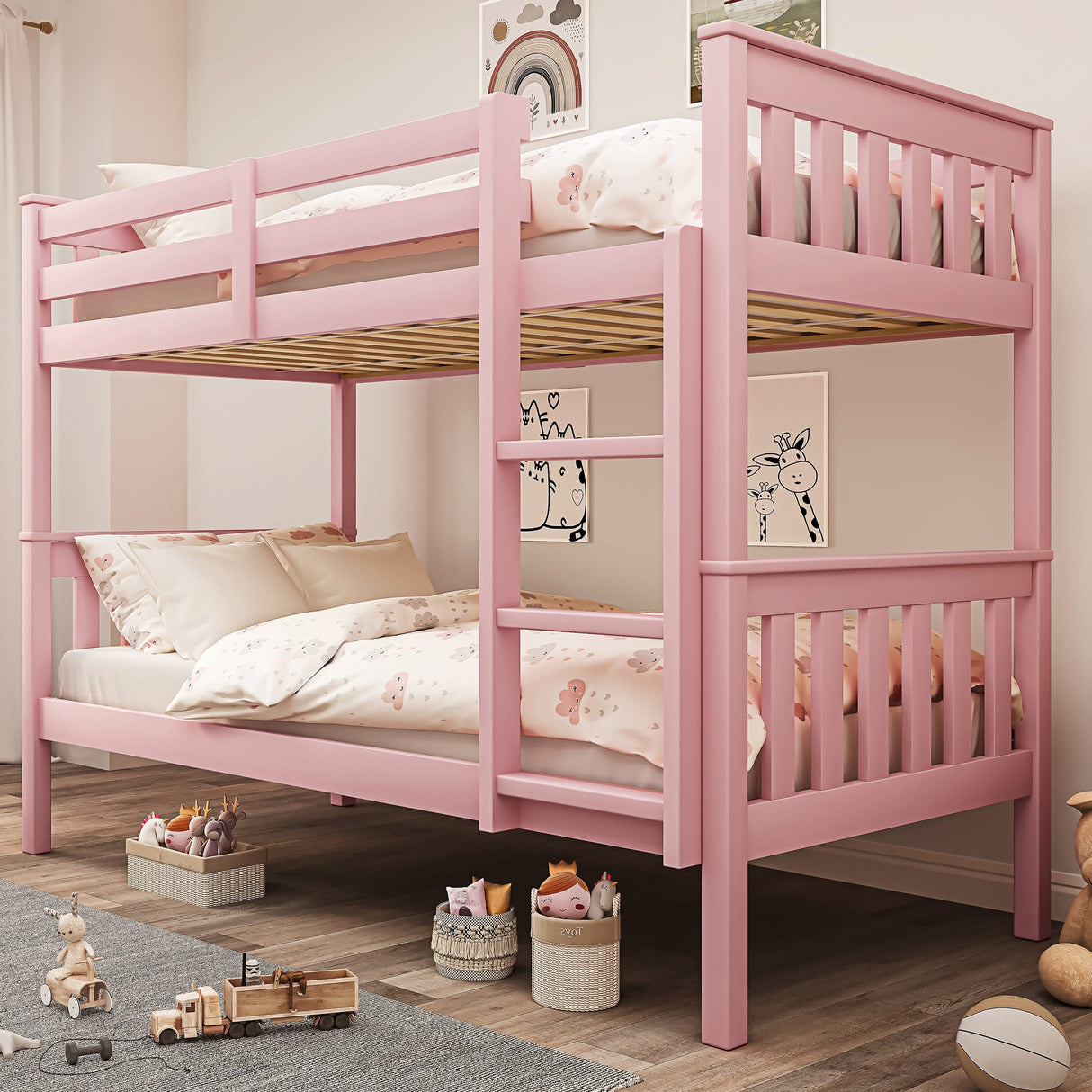 Pink detachable double bunk bed for kids with white and pink bedding, perfect for girls' bedrooms. Converts into two beds.