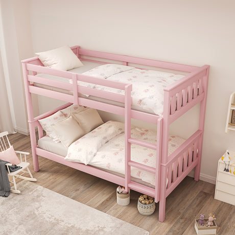 Top-down view of pink bunk bed with cream bedding, highlighting compact layout and safe design for children's rooms.