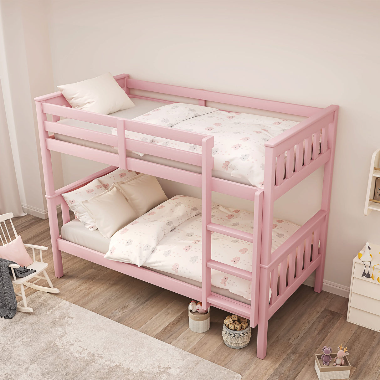 Top-down view of pink bunk bed with cream bedding, highlighting compact layout and safe design for children's rooms.