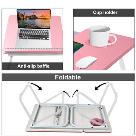 pink laptop side table collage highlights anti-slip strip, cup holder, and foldable build for small spaces