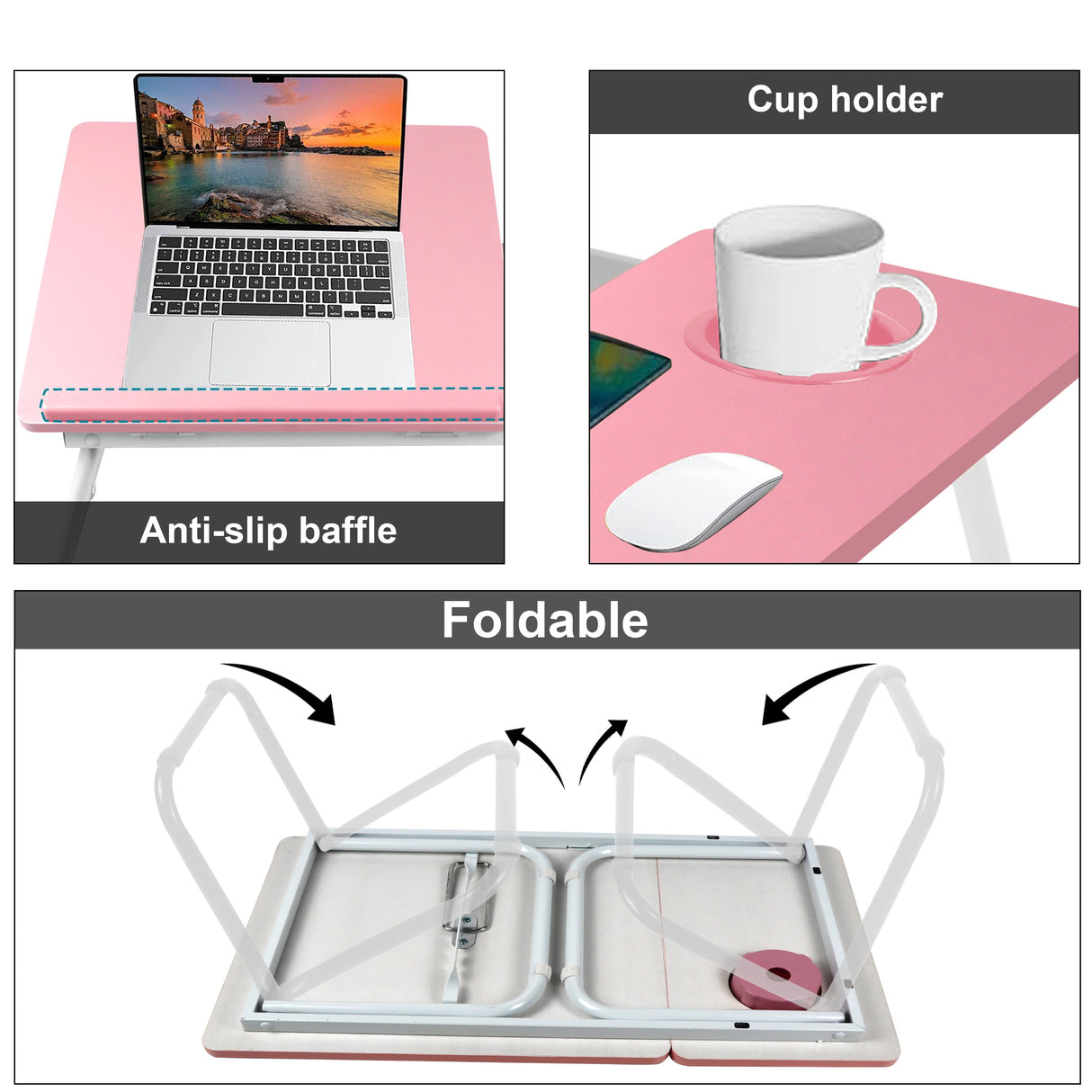 pink laptop side table collage highlights anti-slip strip, cup holder, and foldable build for small spaces
