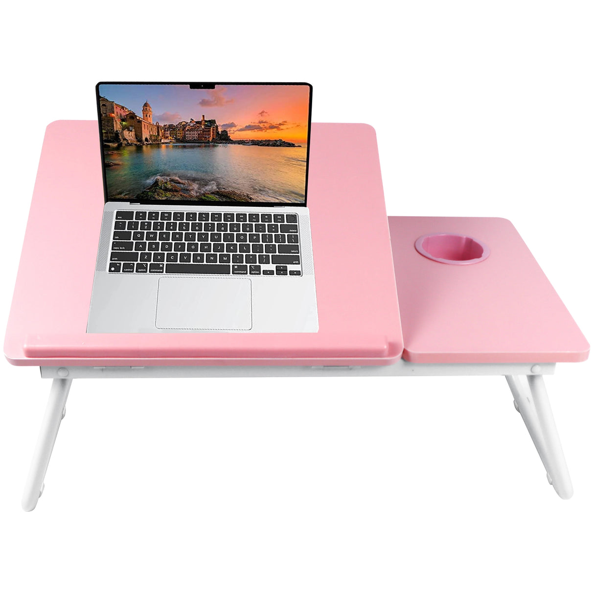 Portable Folding Laptop Desk in pink with height adjustable legs and built-in cup holder, ideal for bed or sofa use. DHS multifunctional table for laptops.