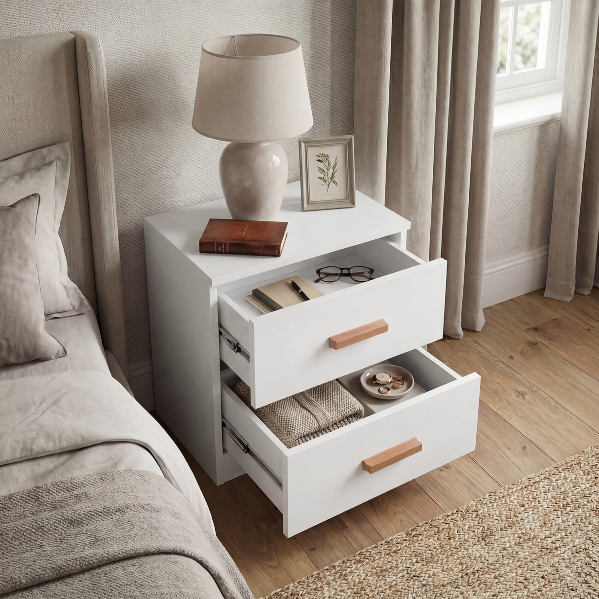 Plain white two drawer nightstand with both drawers partially open beside the bed and the window light