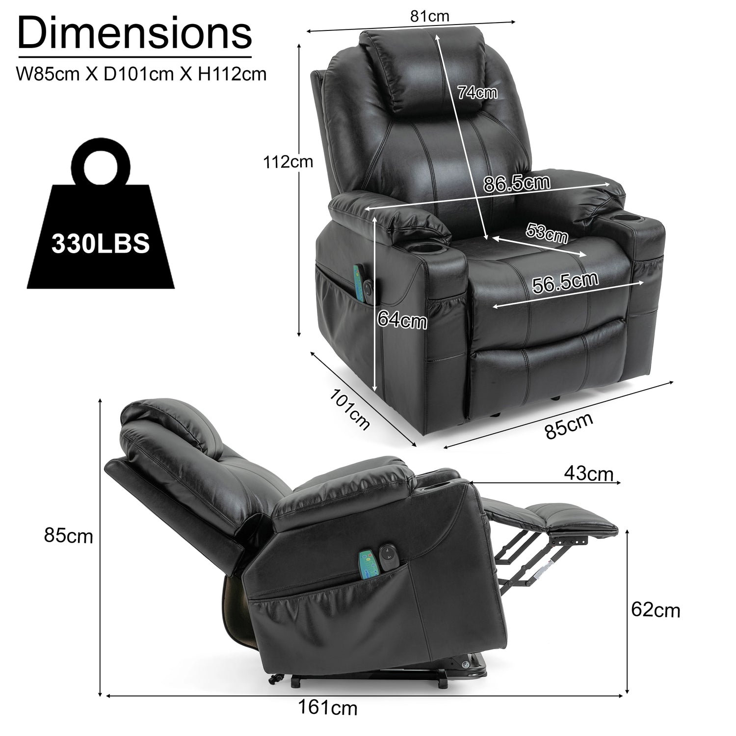 Black recliner chair with dimensions and weight capacity displayed