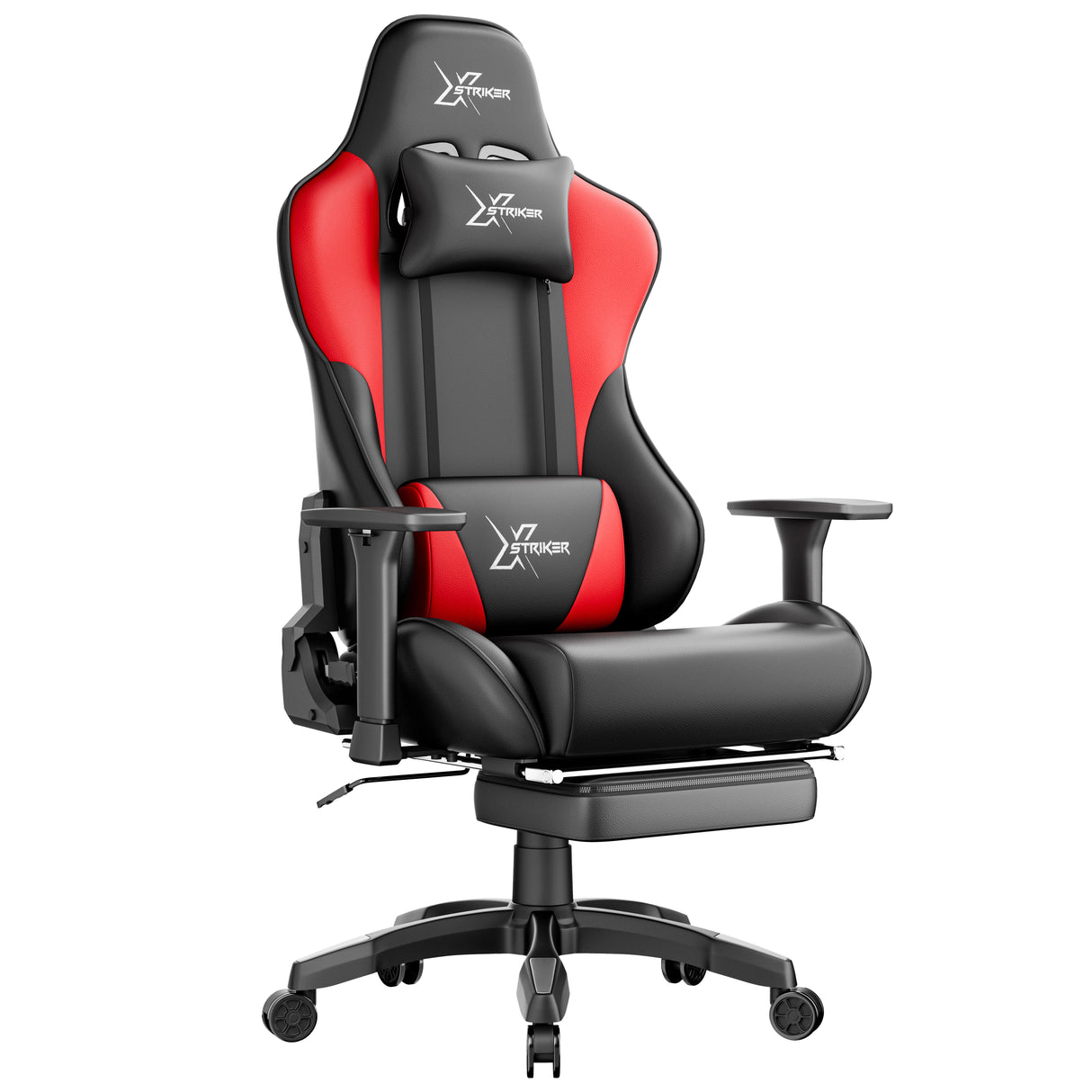 Gaming chair with red and black design on a white background