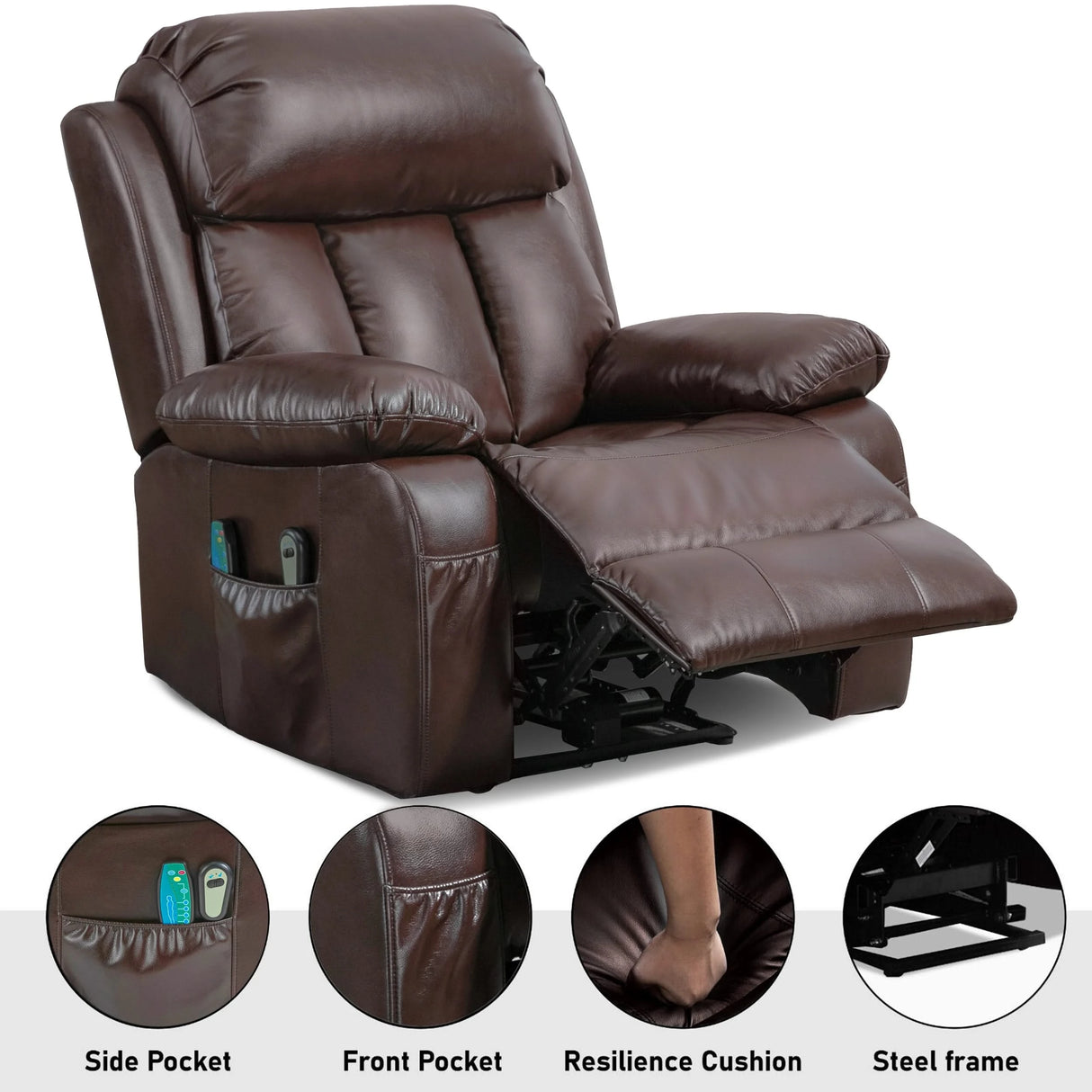 Brown PU leather recliner chair with extended footrest, featuring side and front storage pockets, resilience cushion, and steel frame support.