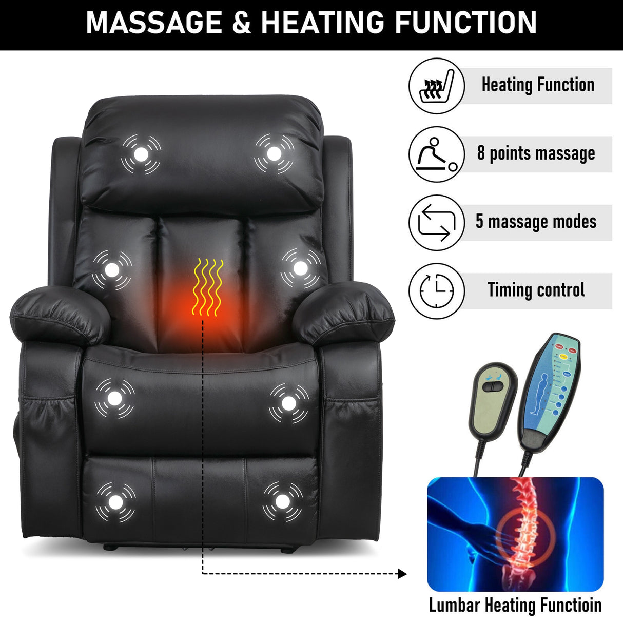 Massage and heating function recliner chair with control panel and massage points illustration.