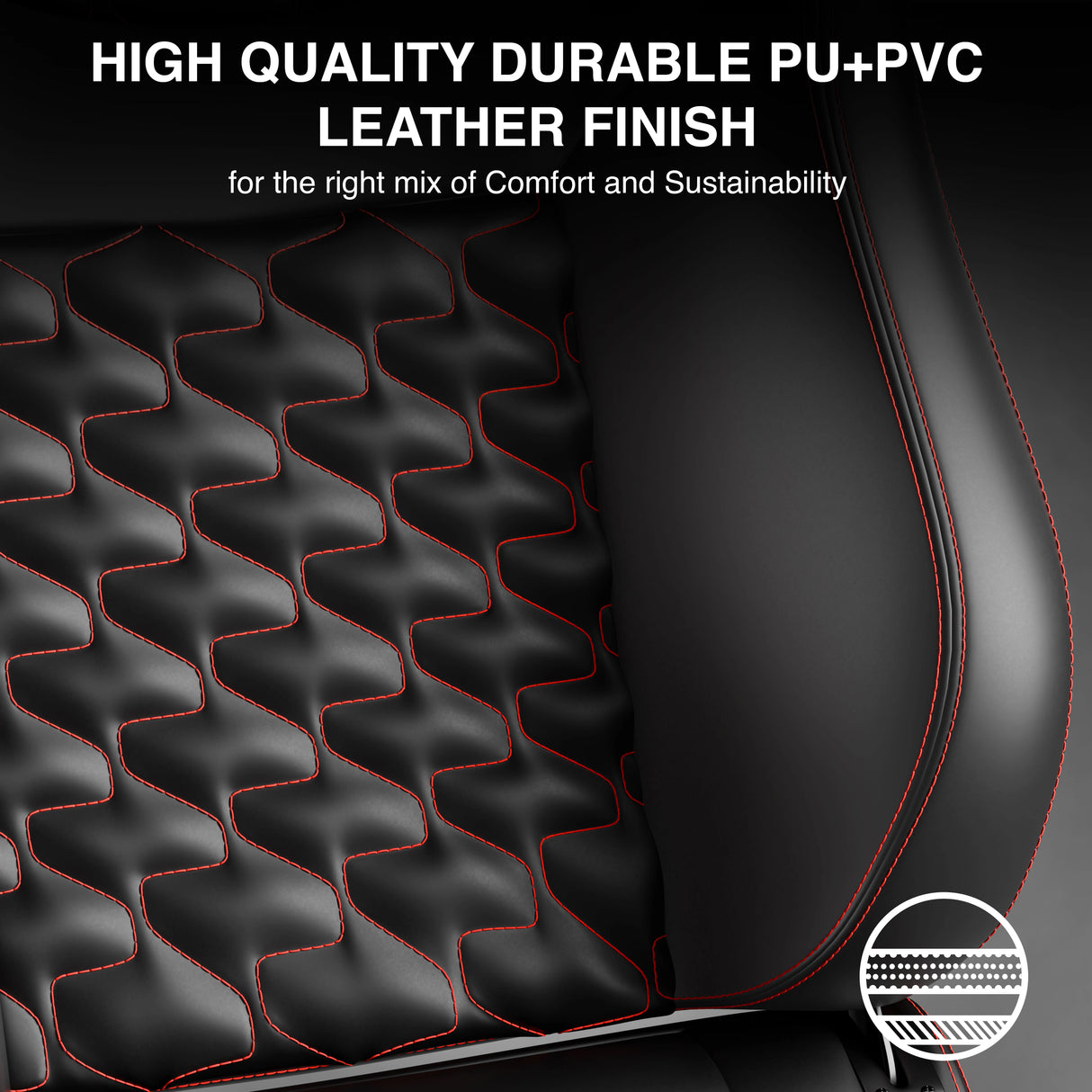 Black leather seat cover with red stitching and text about high-quality durable PU+PVC finish.