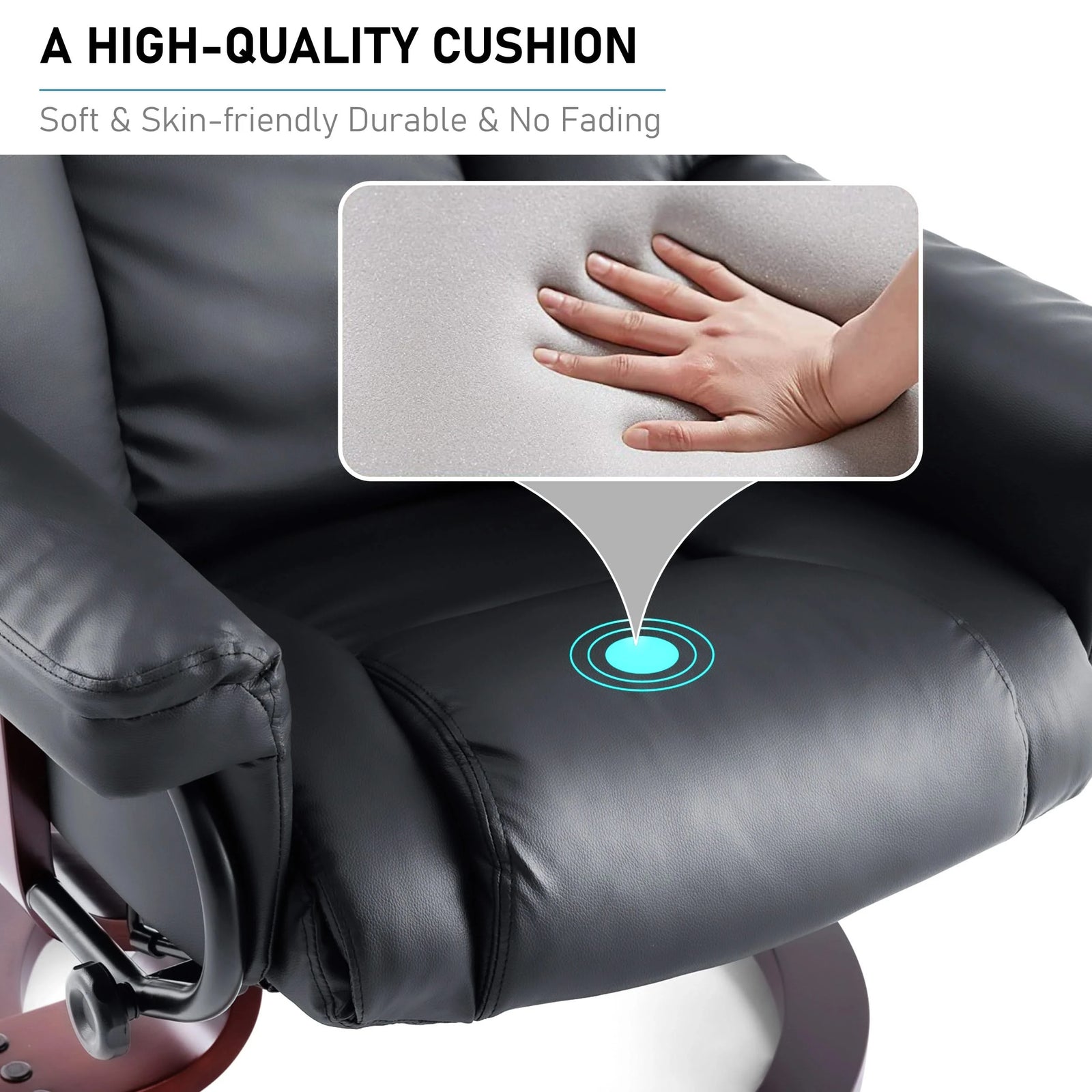 Swivel Recliner Chair with Footstool - Recliner Armchair by DHS featuring soft, skin-friendly black cushion with hand pressing to show comfort.