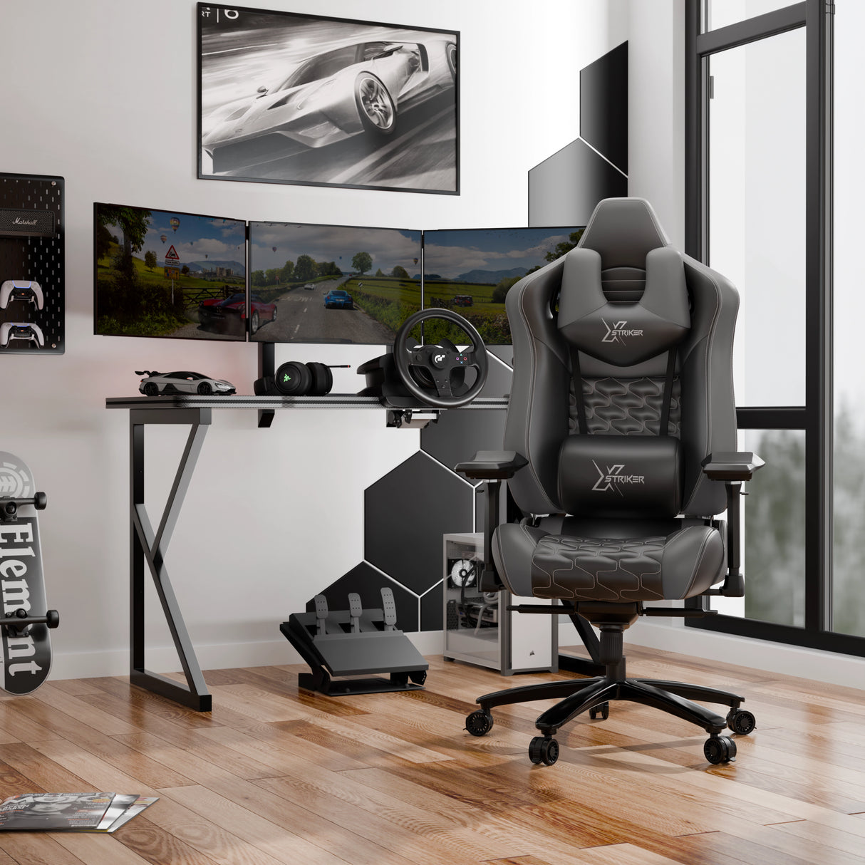 Gaming setup with a chair, desk, and multiple monitors in a room.