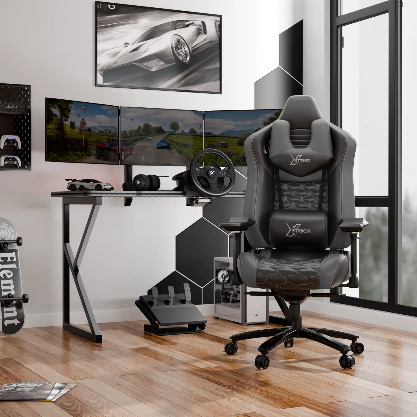 Gaming setup with a chair, desk, and multiple monitors in a room.