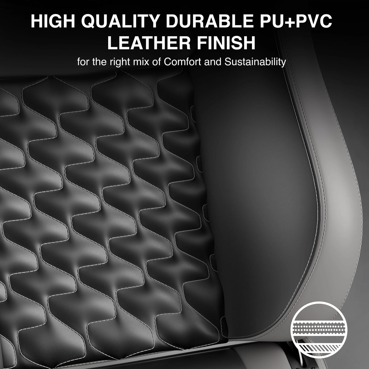 Chair seat with high-quality durable PU+PVC leather finish, emphasizing comfort and sustainability.