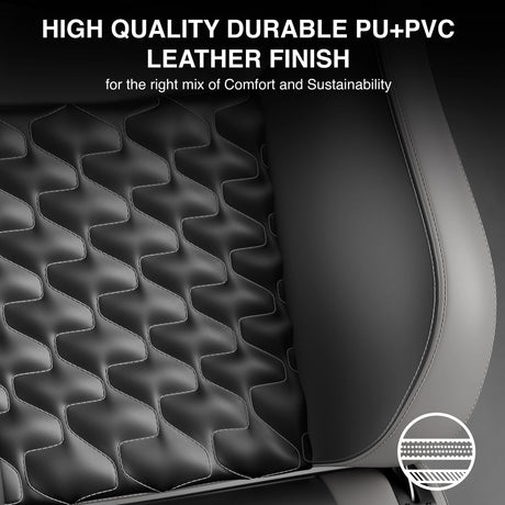 Chair seat with high-quality durable PU+PVC leather finish, emphasizing comfort and sustainability.