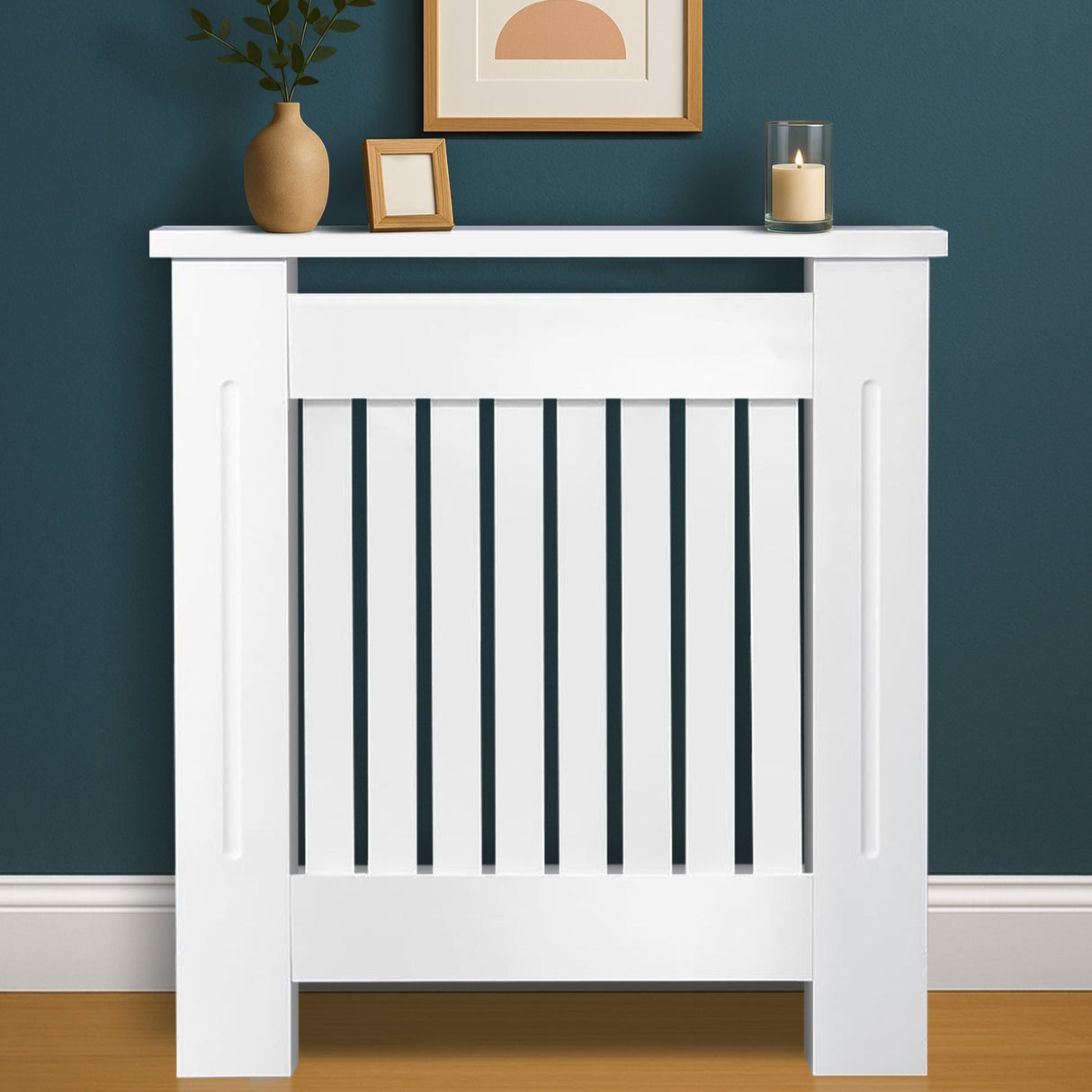 White radiator cover with decorative items on a blue wall