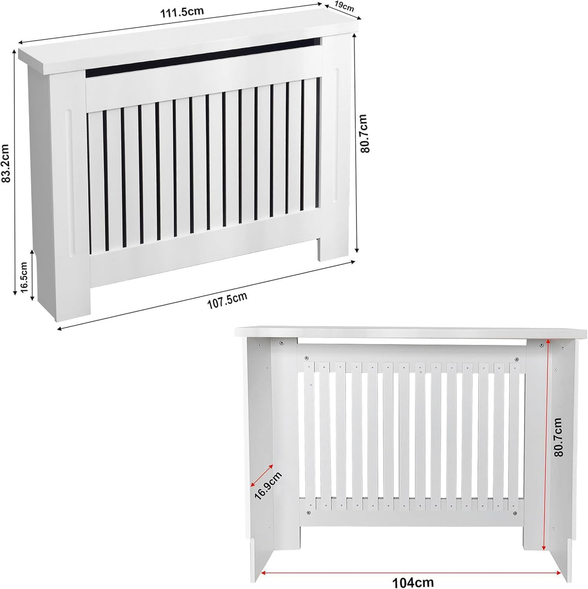 White radiator cover with dimensions on a white background