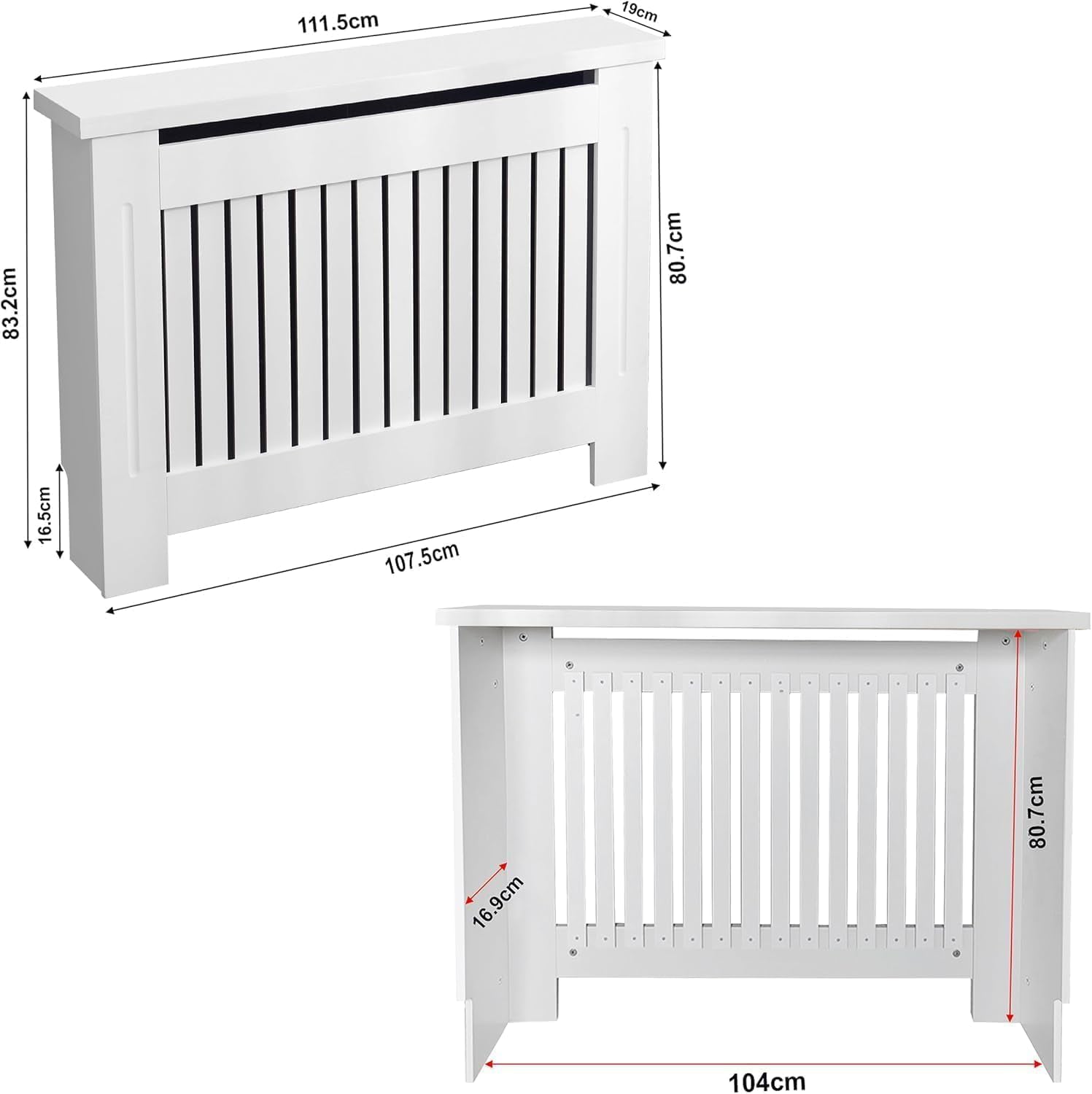 White radiator cover with dimensions on a white background