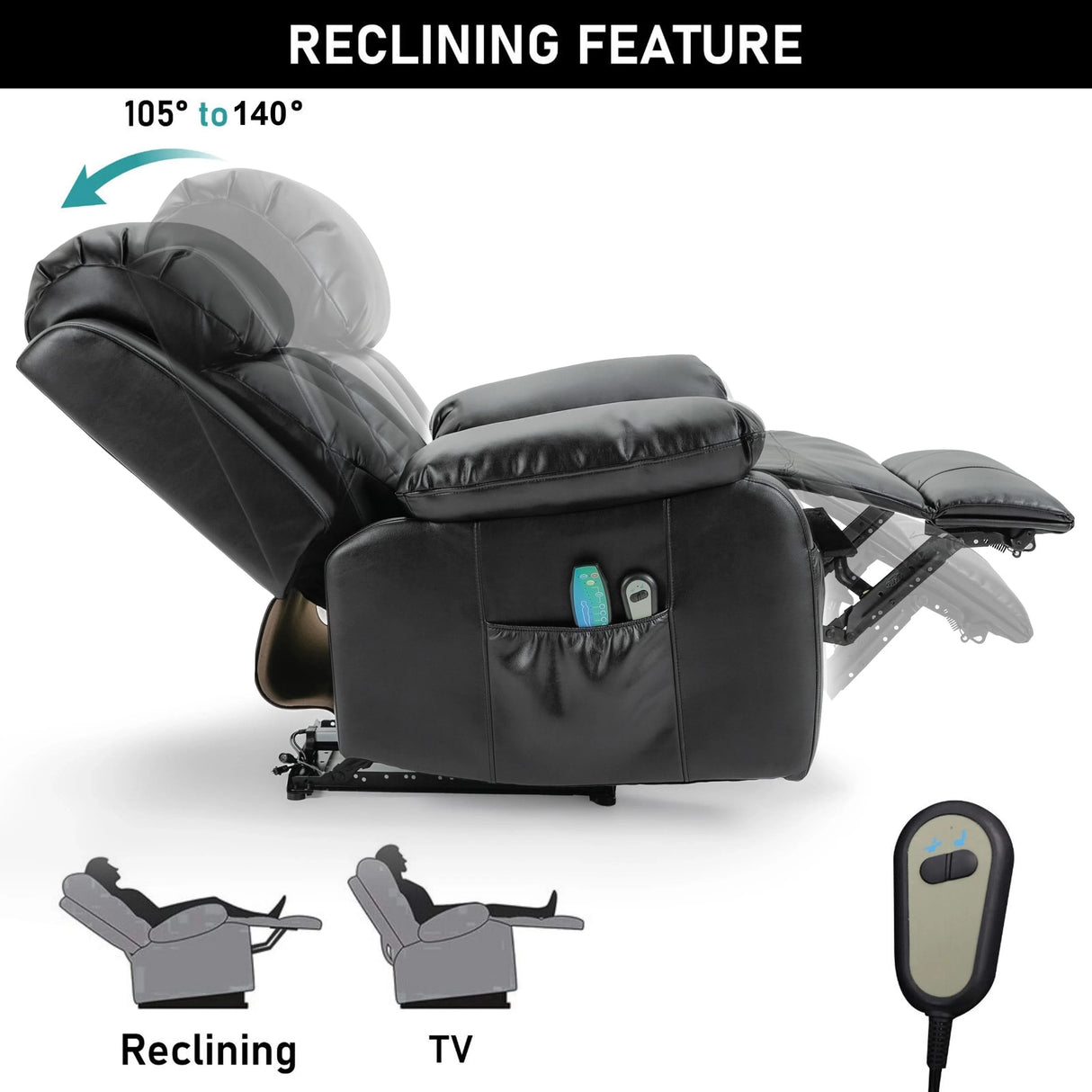 Black electric recliner chair with adjustable backrest from 105° to 140°, featuring side pockets and remote control for TV and relaxation use.