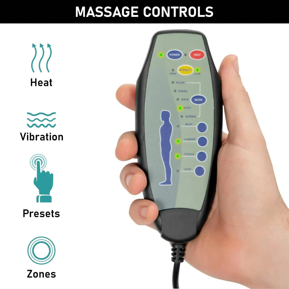 Close-up of massage control remote for electric recliner chair with heat, vibration, presets, and zone selection for personalized elderly care.