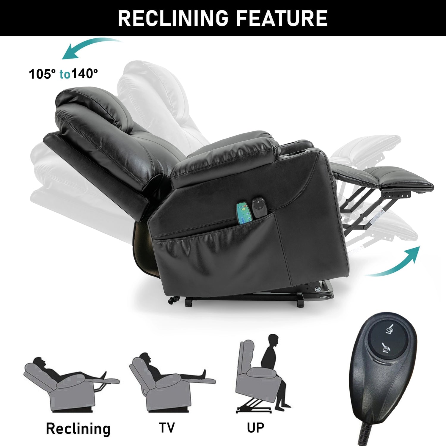 Recliner chair with reclining feature illustration and remote control on a white background