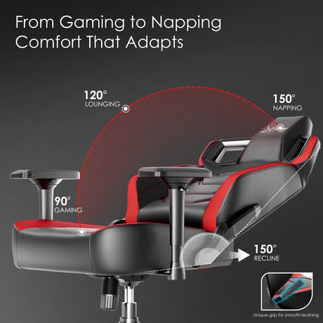 Xstriker recliner gaming chair racing design reclines from 90° to 150°, featuring 4D armrests and lumbar support for gaming or napping comfort.