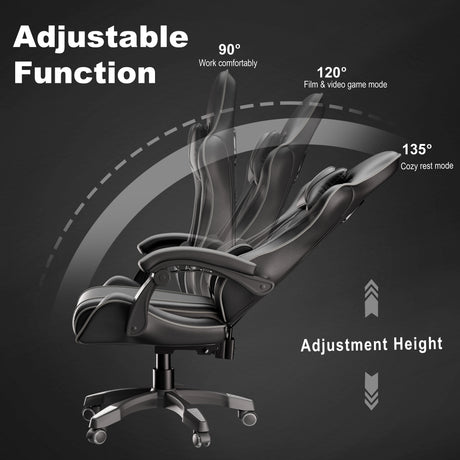 Ergonomic gaming chairs with lumbar support and padded armrest in black, showcasing adjustable recline angles from 90° to 135° for work, gaming, and rest modes.
