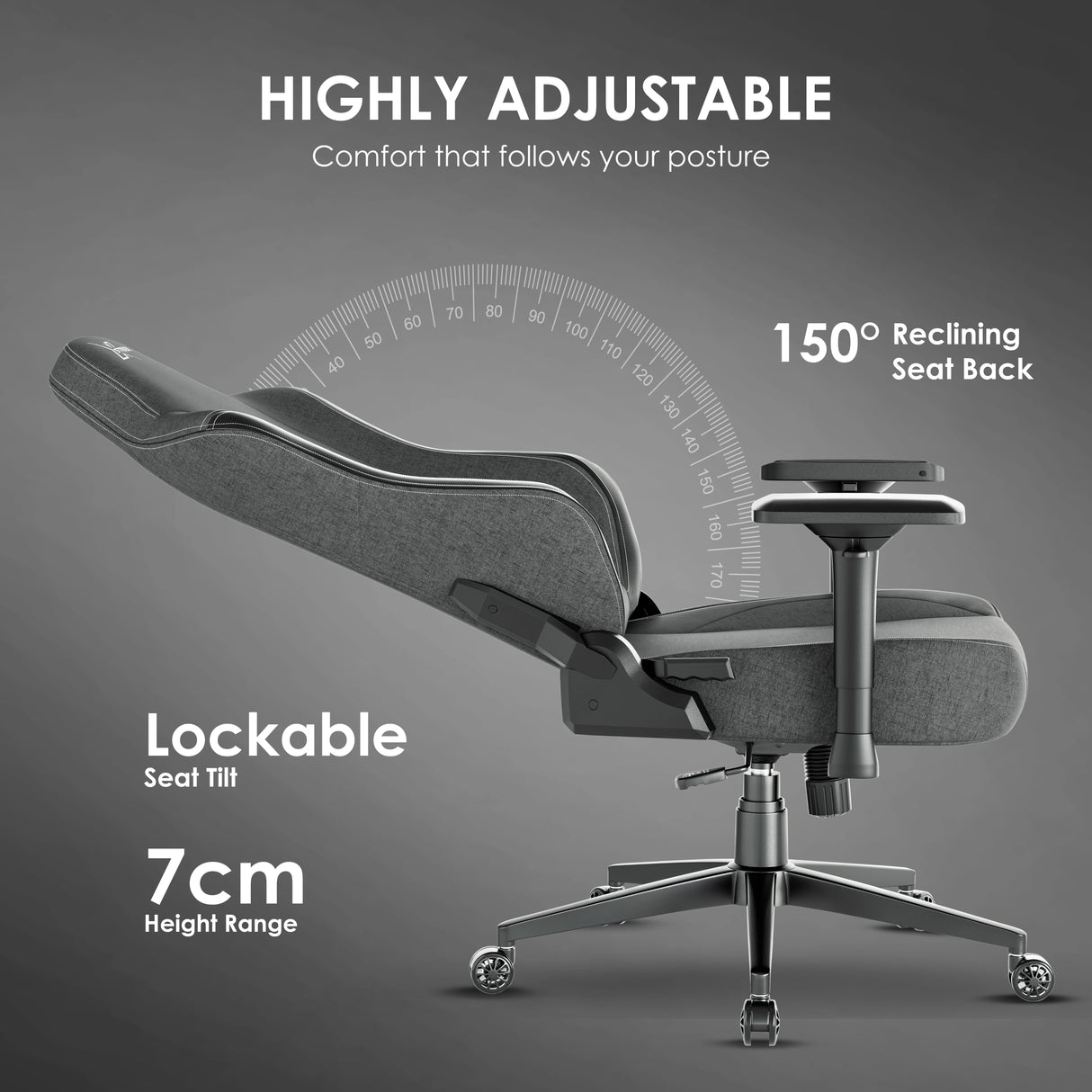 Xstriker Ergonomic Fabric Gaming Chair with 4D armrest reclines 150° and features lockable tilt and 7cm height adjustment. Ideal for adult gamers.