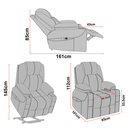 Blue recliner chair with dimensions labeled on a white background