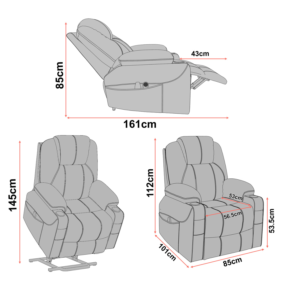 Gray recliner chair with dimensions labeled on a white background