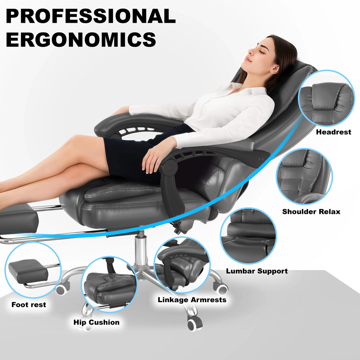 Ergonomic massage chair with labeled parts and a woman relaxing on it.