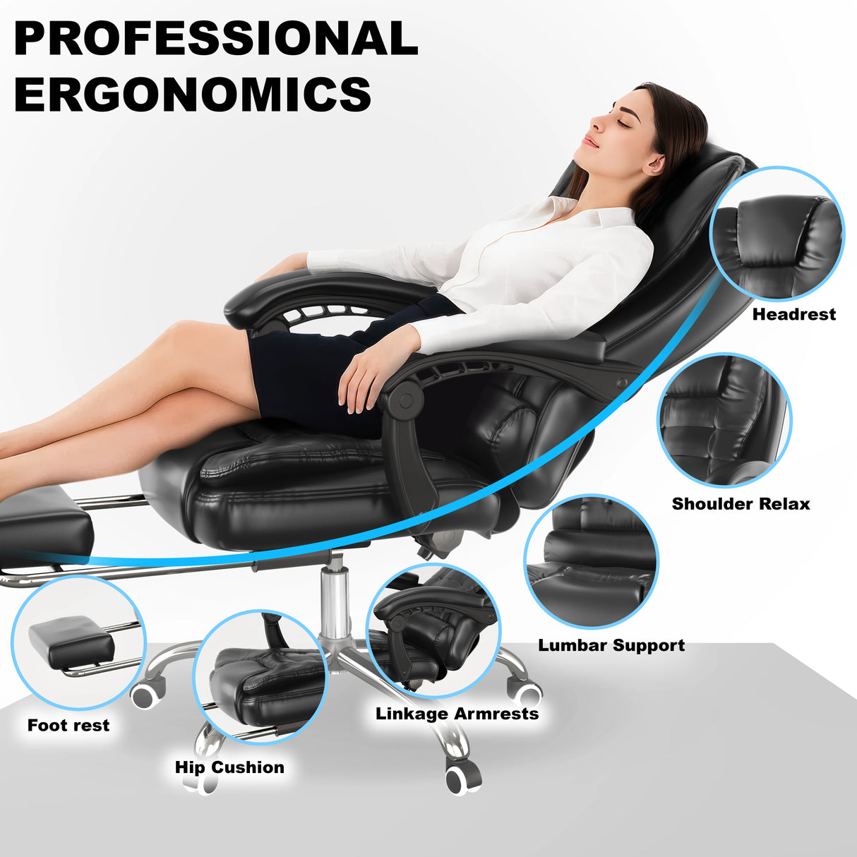 Woman relaxing in a massage chair with professional ergonomics features highlighted.
