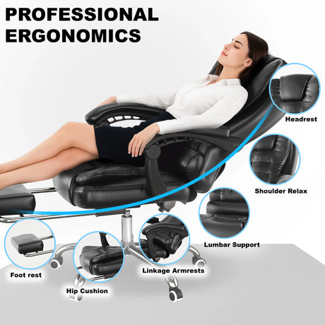 Woman relaxing in a massage chair with professional ergonomics features highlighted.