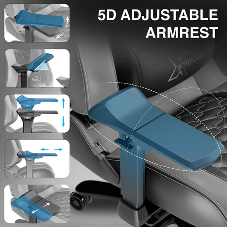 5D adjustable armrest on a gaming chair with labeled adjustments.
