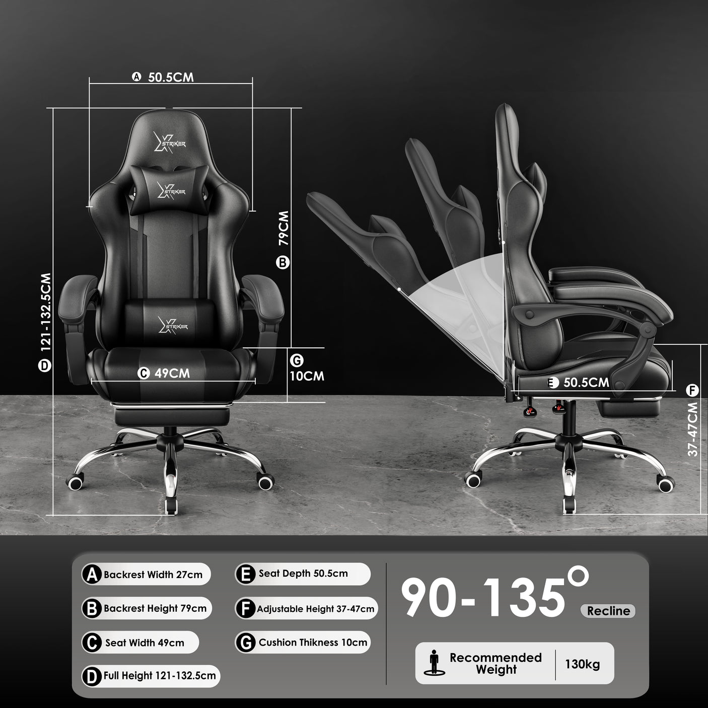 Xstriker high back gaming chair in black PU leather featuring ergonomic design, adjustable recline from 90° to 135°, and full dimension specs shown.