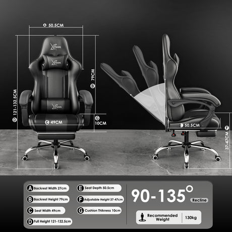 Xstriker high back gaming chair in black PU leather featuring ergonomic design, adjustable recline from 90° to 135°, and full dimension specs shown.