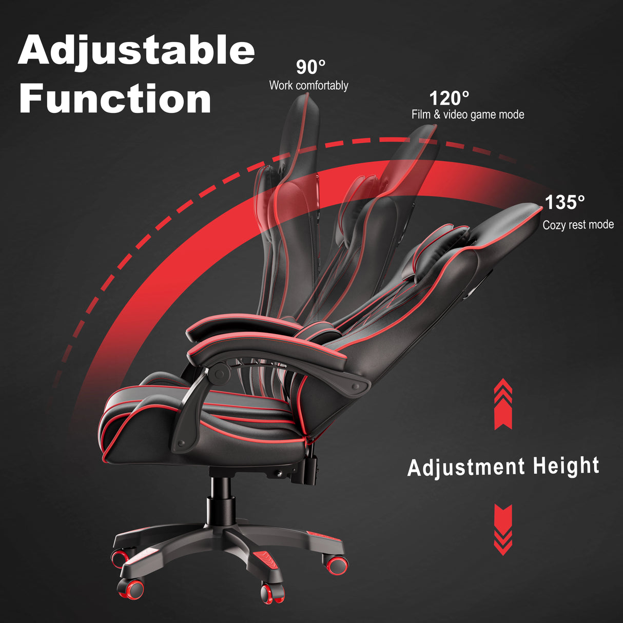 Recliner gaming chair With Lumbar Support and Padded Armrest | DHS reclines from 90° to 135° with adjustable height for work, gaming, and rest modes.