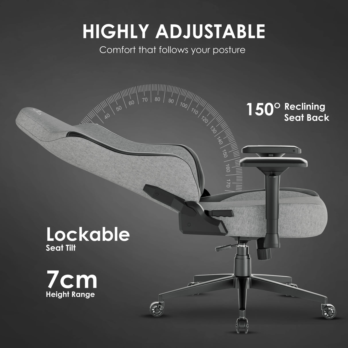 Xstriker Ergonomic Fabric Gaming Chair reclined at 150° with 4D armrests, lockable seat tilt, and 7cm height adjustment. Ideal for adult gamers.