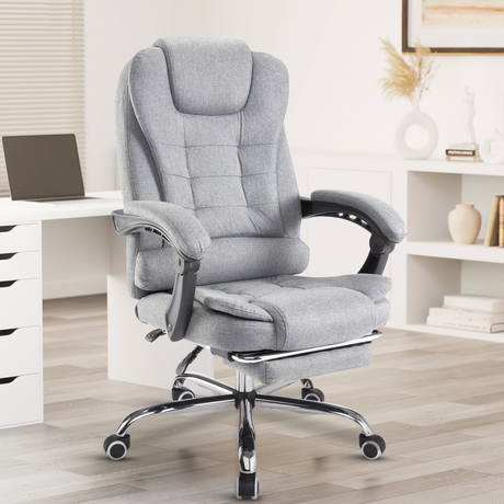 grey linen pc chair offers a structured design ideal for long work sessions and ergonomic support.