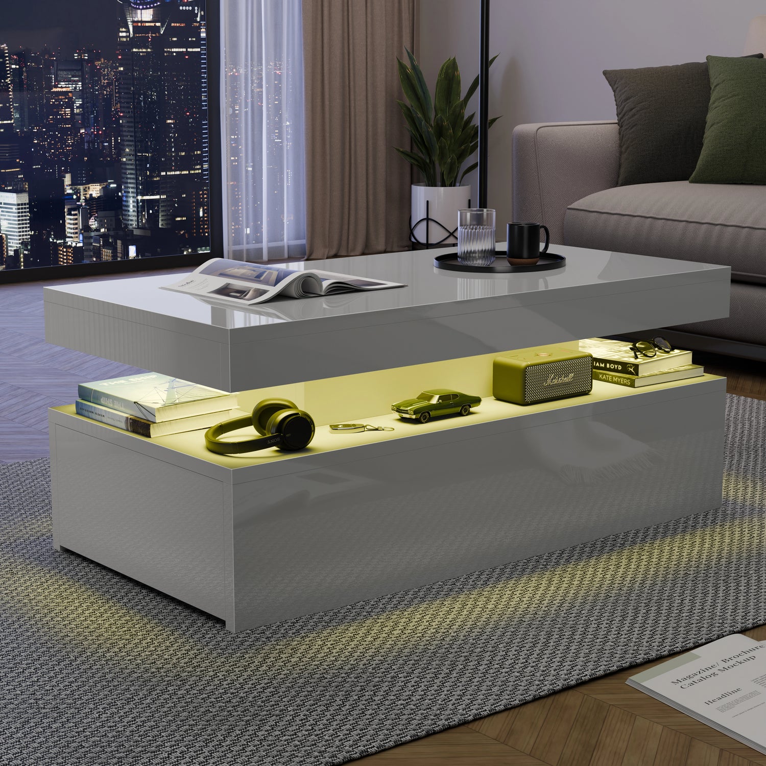 Modern coffee table with decorative items in a living room setting