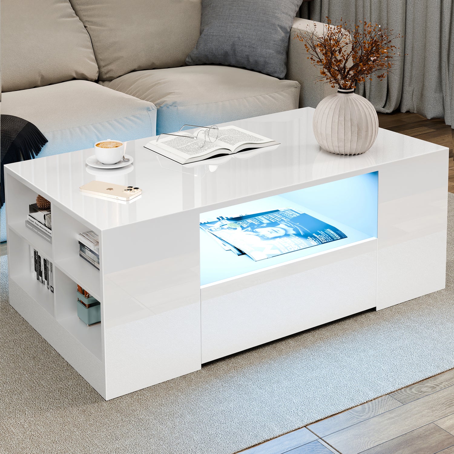 White coffee table with LED lighting in a living room setting