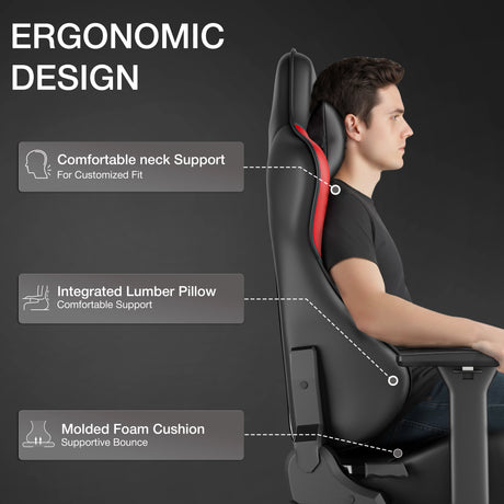 Ergonomic chair with labeled features on a dark background