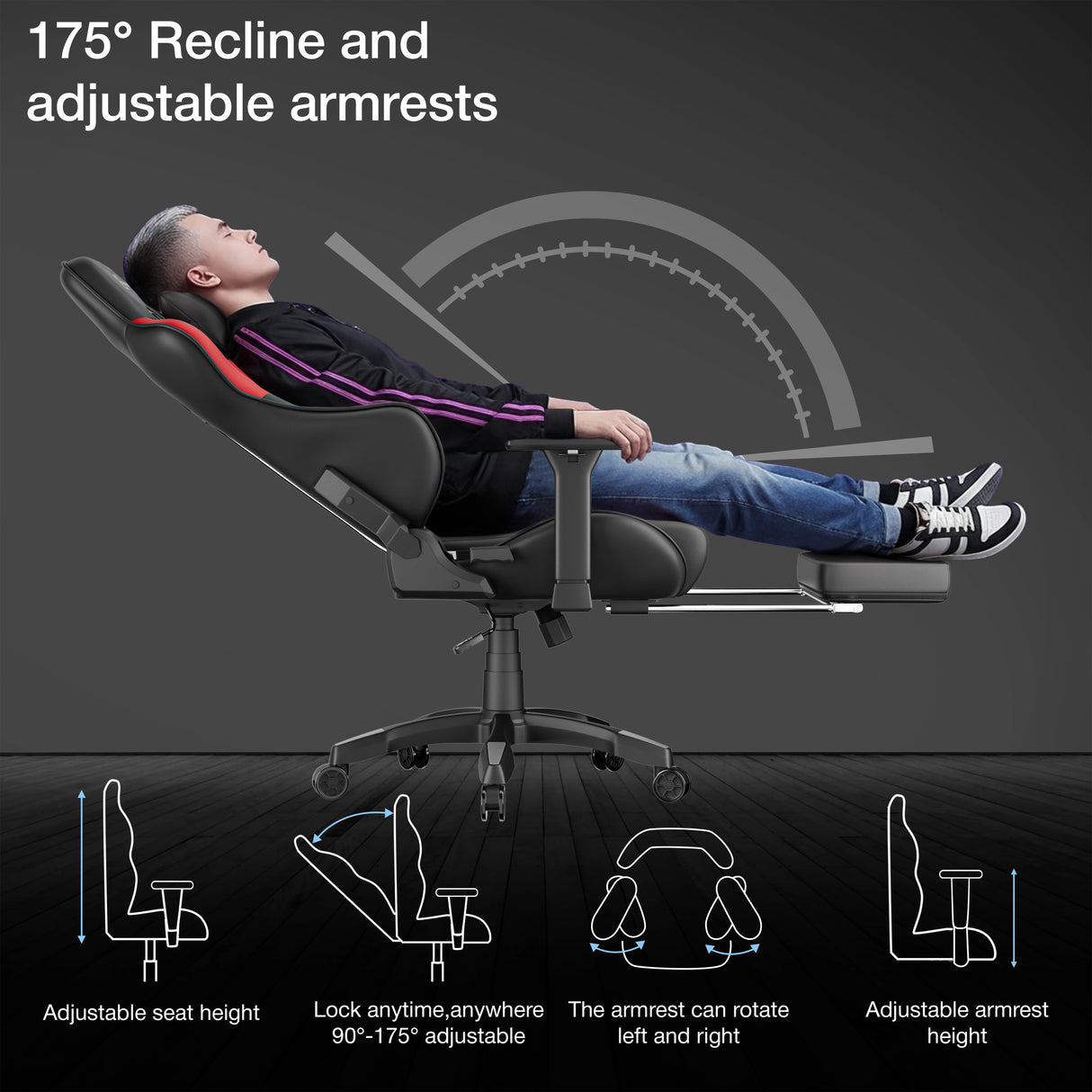 Ergonomic chair with recline and adjustable armrest features, person using chair.