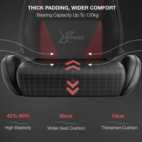 Most Comfortable Office Gaming Chair with Footrest Xstriker featuring thick padding, 55cm wide seat, and 13cm cushion for enhanced comfort and support.
