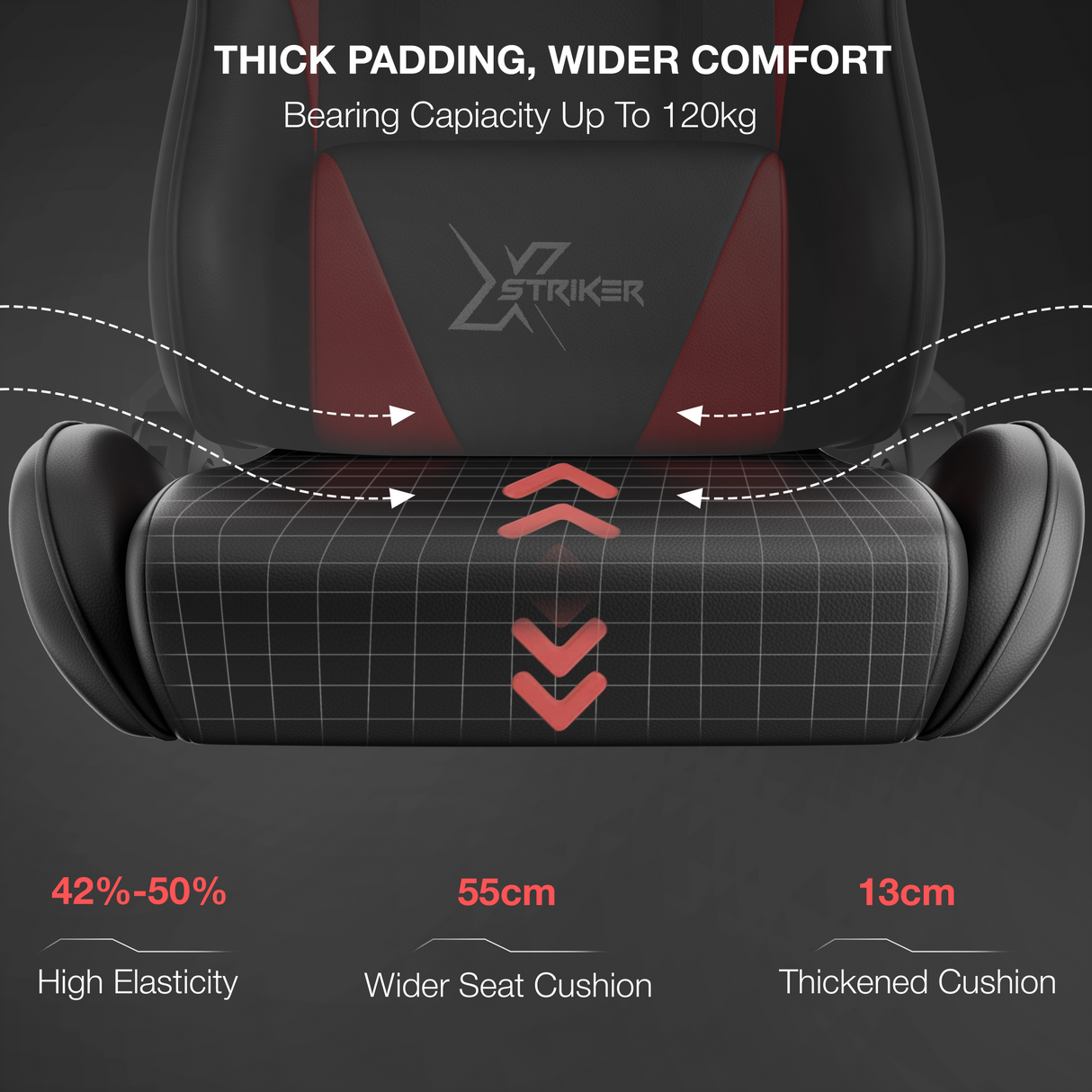 Most Comfortable Office Gaming Chair with Footrest Xstriker featuring thick padding, 55cm wide seat, and 13cm cushion for enhanced comfort and support.