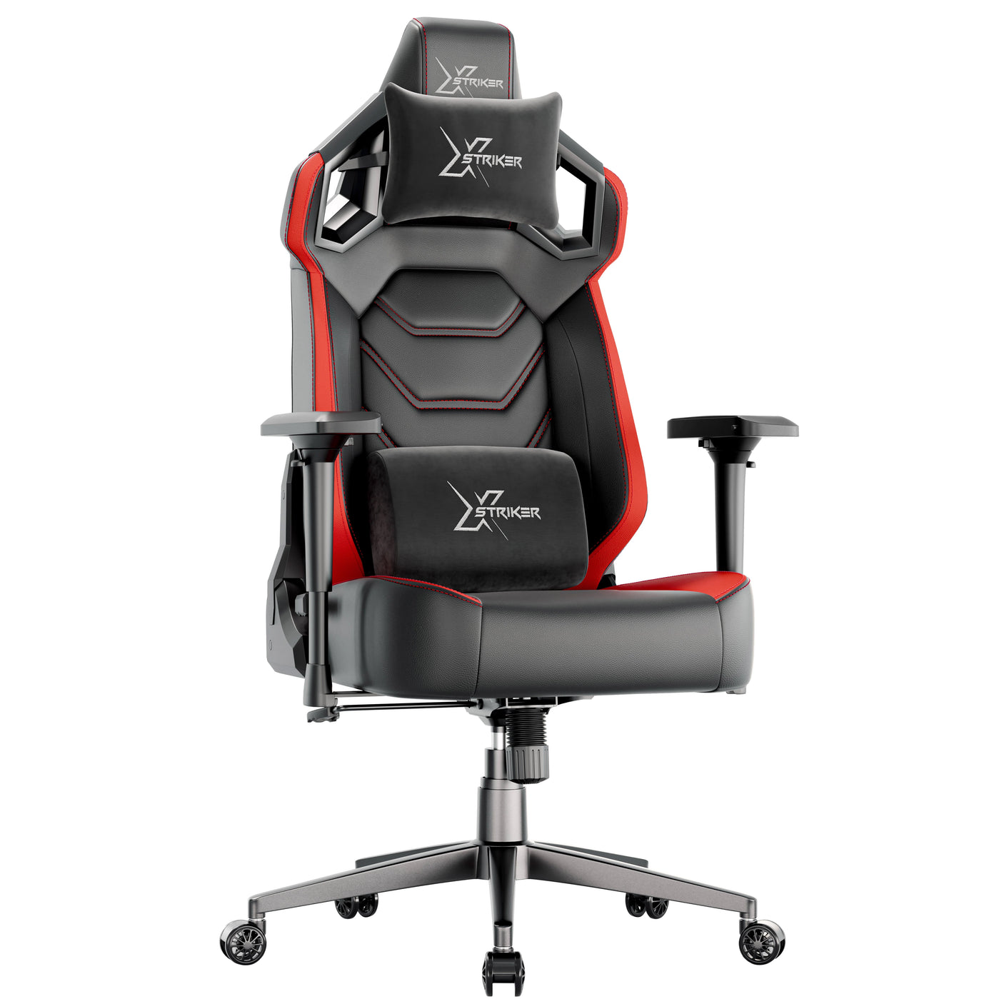 Xstriker office chair with ergonomic racing design, black and red faux leather, 4D adjustable armrests, and lumbar support for long gaming sessions.