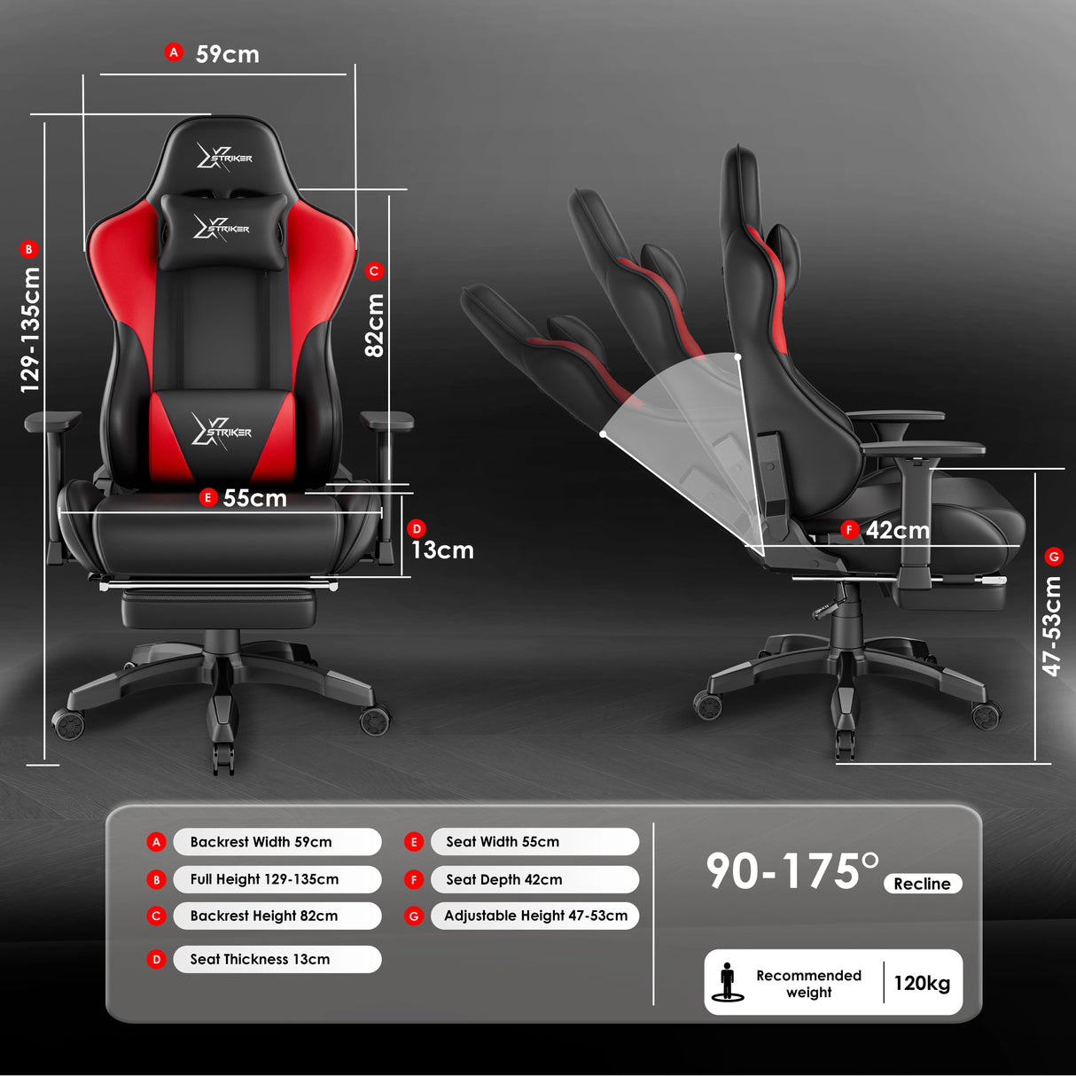 Gaming chair with detailed measurements on a dark background