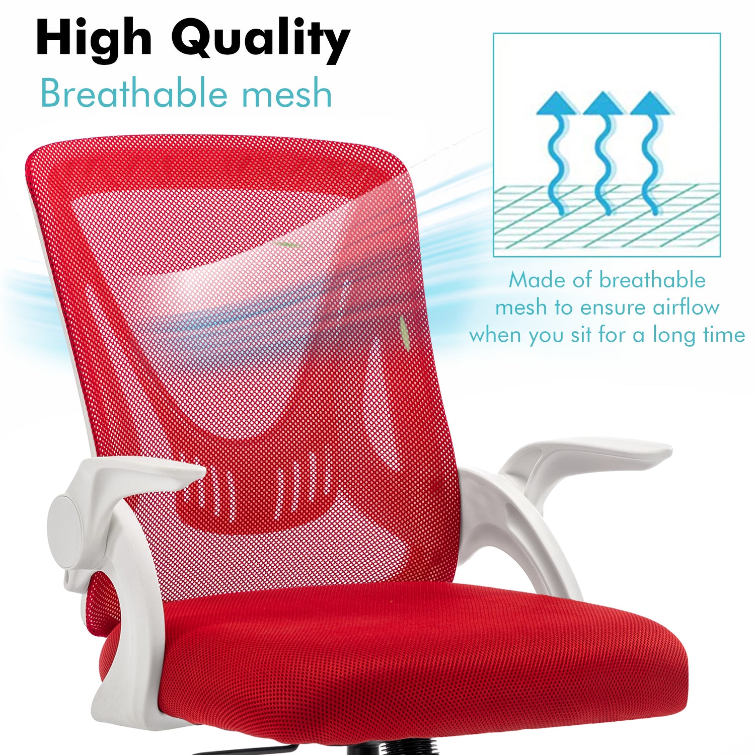 Red swivel desk chair with breathable mesh backrest, providing comfort and support for work sessions.