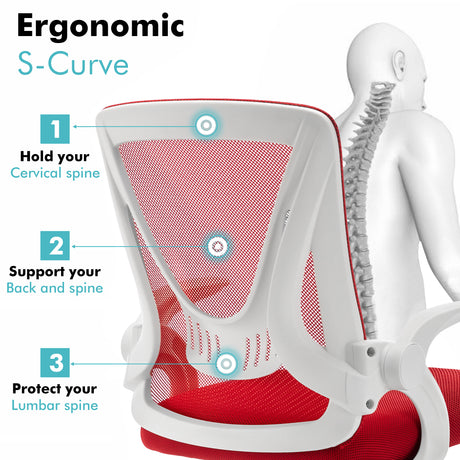 Red lumbar support chair with ergonomic mesh backrest, supporting proper posture and reducing strain.