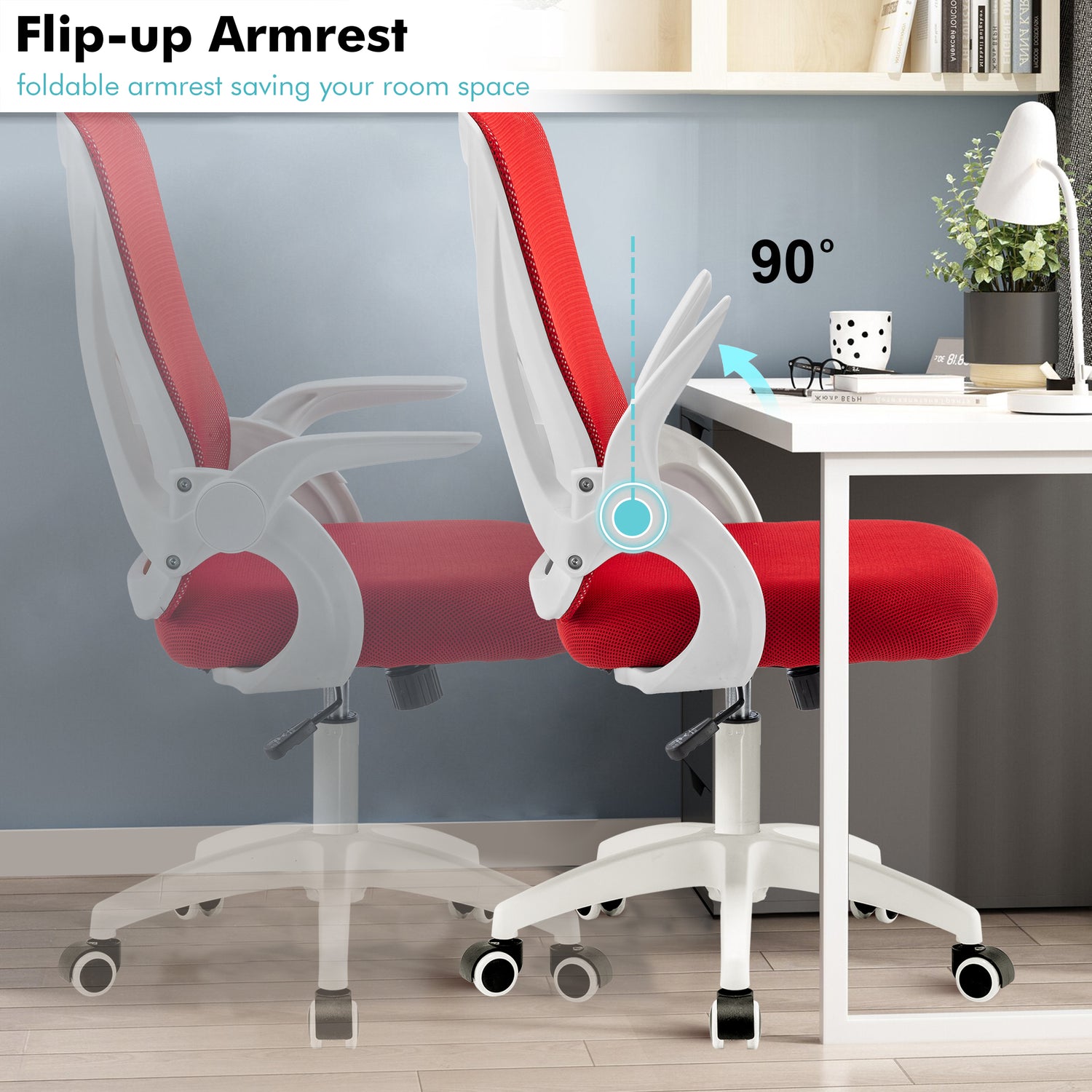 Red PC chair with flip-up armrests for space-saving in home office setups, ensuring comfort throughout the day.