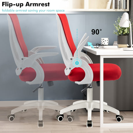 Red PC chair with flip-up armrests for space-saving in home office setups, ensuring comfort throughout the day.